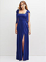 Front View Thumbnail - Cobalt Blue Bow Shoulder Square Neck Chiffon Maxi Dress
