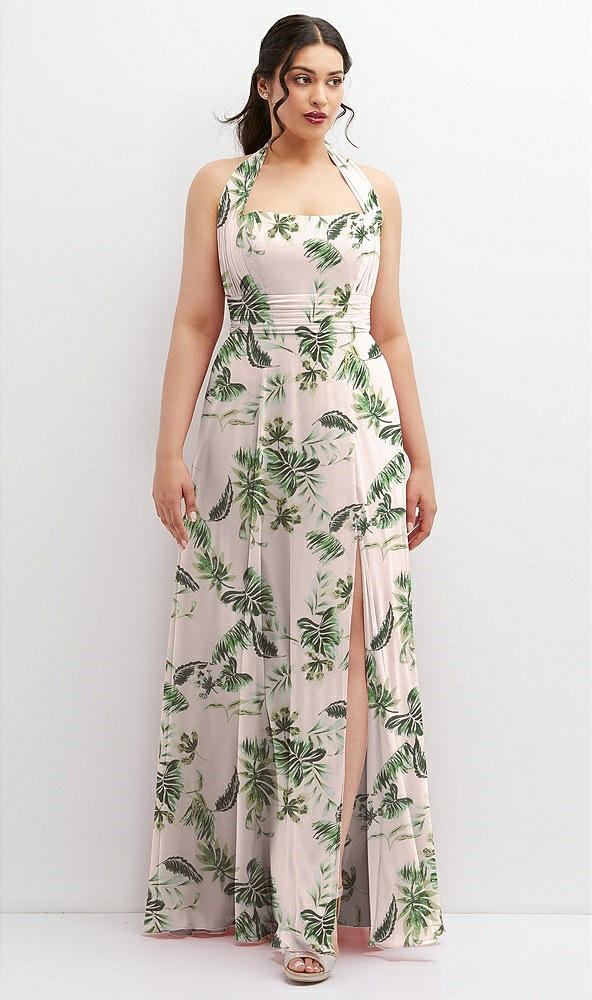 Front View - Palm Beach Print Chiffon Convertible Maxi Dress with Multi-Way Tie Straps