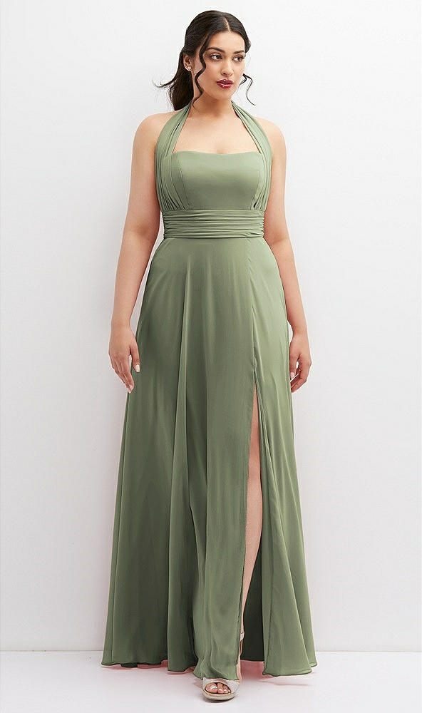 Front View - Sage Chiffon Convertible Maxi Dress with Multi-Way Tie Straps