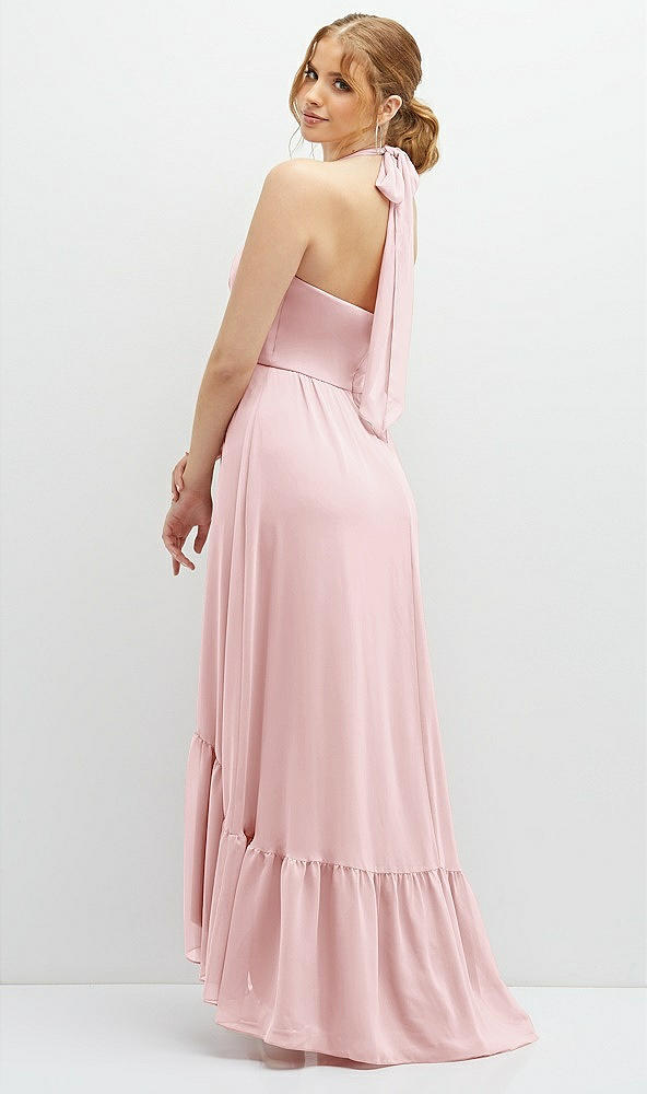 Back View - Ballet Pink Chiffon Halter High-Low Dress with Deep Ruffle Hem