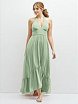 Front View Thumbnail - Celadon Chiffon Halter High-Low Dress with Deep Ruffle Hem