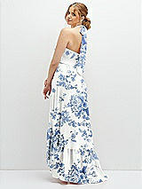 Rear View Thumbnail - Cottage Rose Dusk Blue Chiffon Halter High-Low Dress with Deep Ruffle Hem