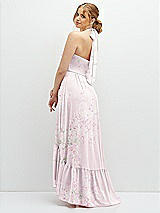 Rear View Thumbnail - Watercolor Print Chiffon Halter High-Low Dress with Deep Ruffle Hem