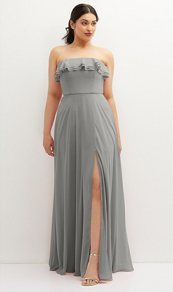 Front View - Chelsea Gray Tiered Ruffle Neck Strapless Maxi Dress with Front Slit