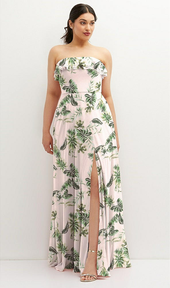 Front View - Palm Beach Print Tiered Ruffle Neck Strapless Maxi Dress with Front Slit