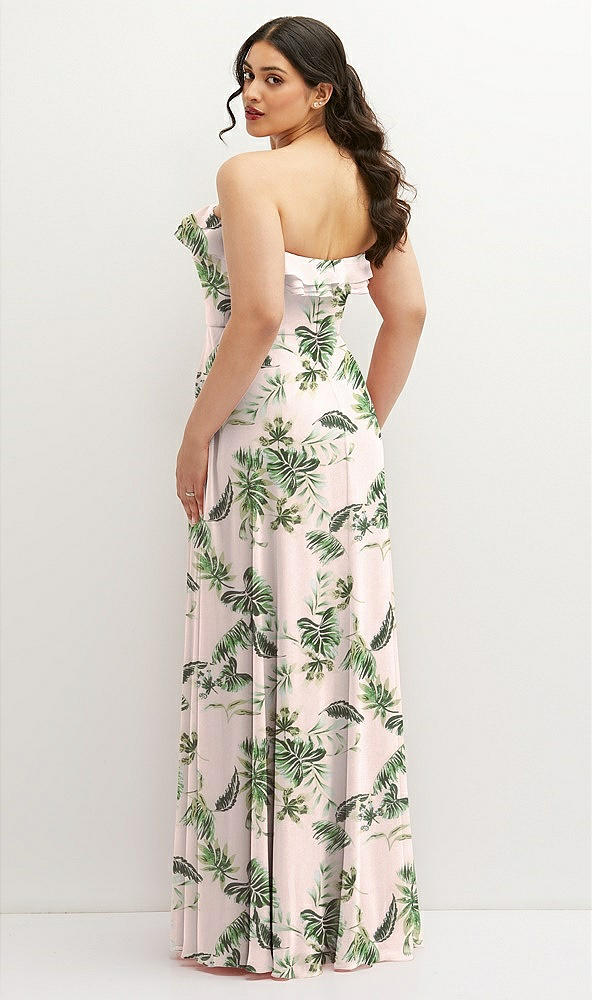 Back View - Palm Beach Print Tiered Ruffle Neck Strapless Maxi Dress with Front Slit