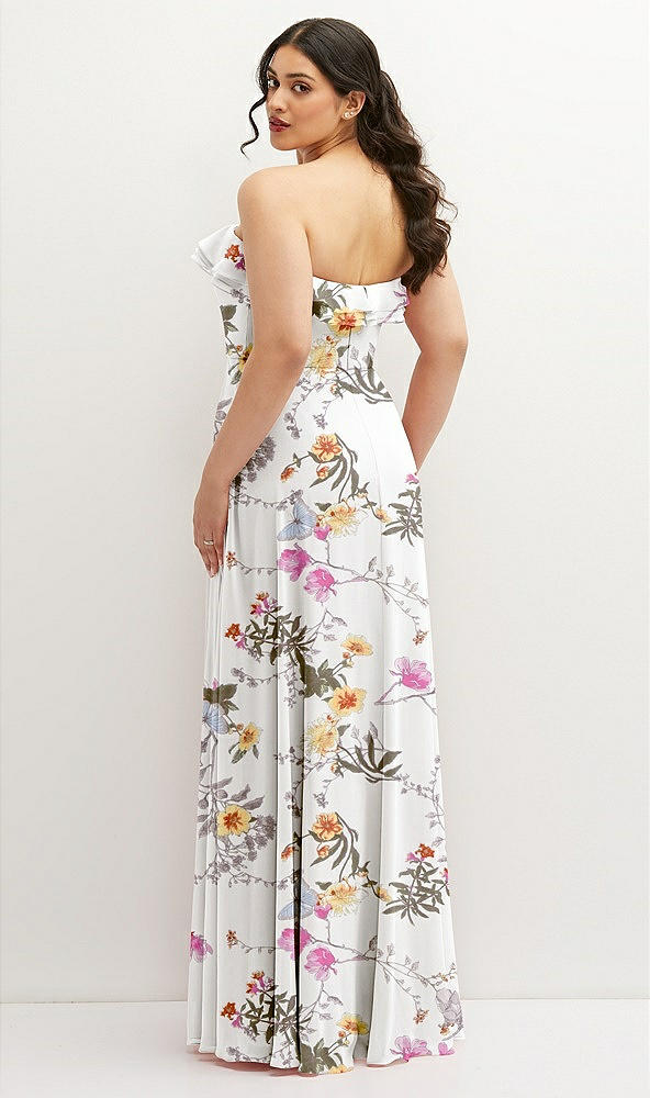 Back View - Butterfly Botanica Ivory Tiered Ruffle Neck Strapless Maxi Dress with Front Slit