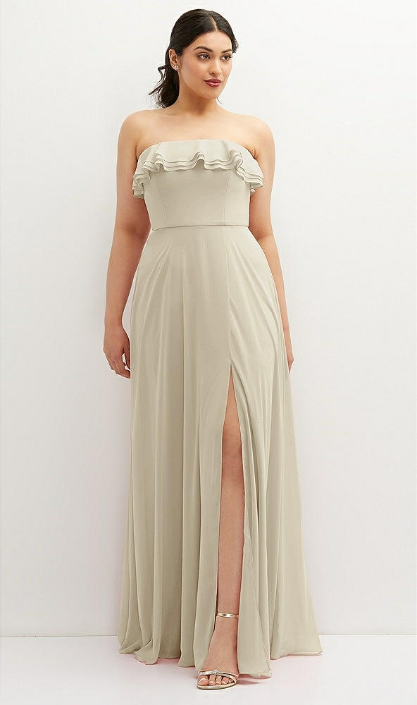 Front View - Champagne Tiered Ruffle Neck Strapless Maxi Dress with Front Slit