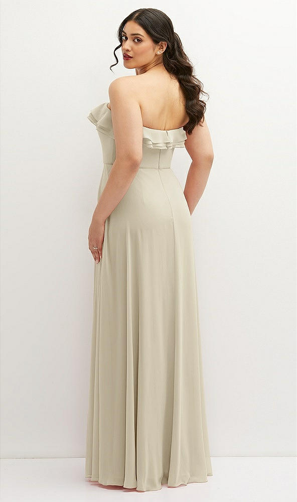 Back View - Champagne Tiered Ruffle Neck Strapless Maxi Dress with Front Slit