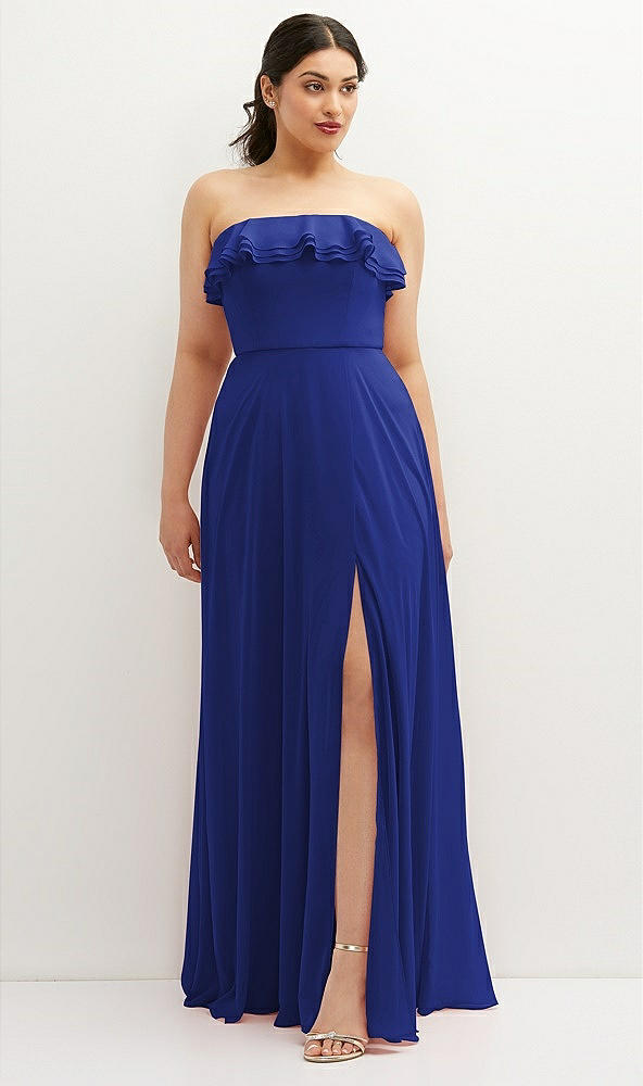 Front View - Cobalt Blue Tiered Ruffle Neck Strapless Maxi Dress with Front Slit