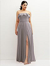 Front View Thumbnail - Cashmere Gray Tiered Ruffle Neck Strapless Maxi Dress with Front Slit