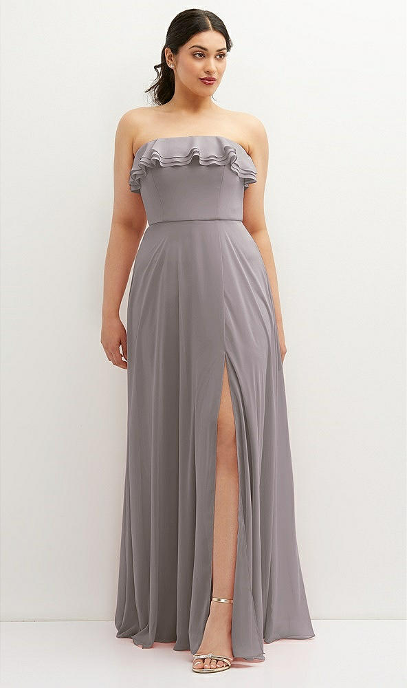 Front View - Cashmere Gray Tiered Ruffle Neck Strapless Maxi Dress with Front Slit