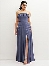 Front View Thumbnail - French Blue Tiered Ruffle Neck Strapless Maxi Dress with Front Slit