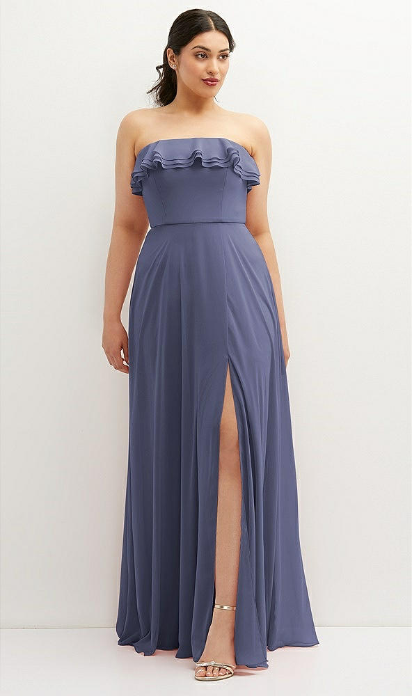 Front View - French Blue Tiered Ruffle Neck Strapless Maxi Dress with Front Slit