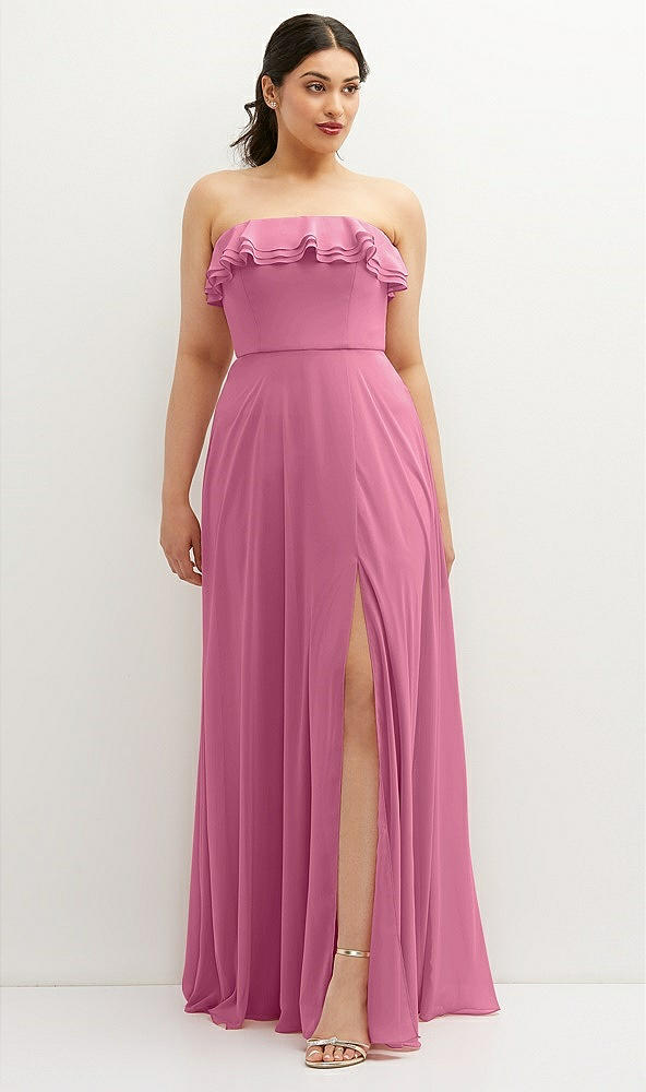 Front View - Orchid Pink Tiered Ruffle Neck Strapless Maxi Dress with Front Slit