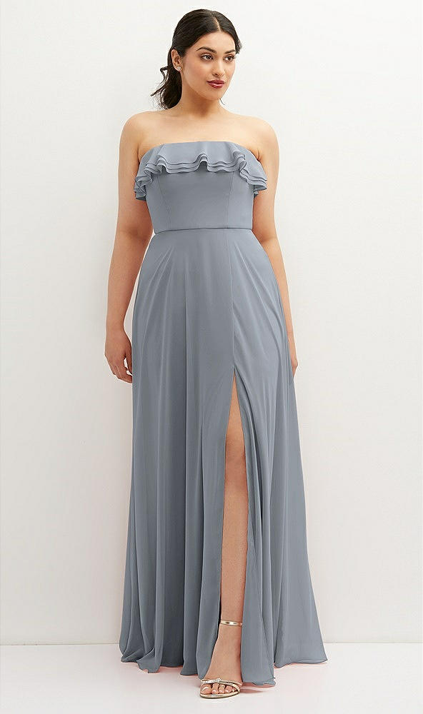 Front View - Platinum Tiered Ruffle Neck Strapless Maxi Dress with Front Slit