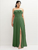 Front View Thumbnail - Vineyard Green Tiered Ruffle Neck Strapless Maxi Dress with Front Slit