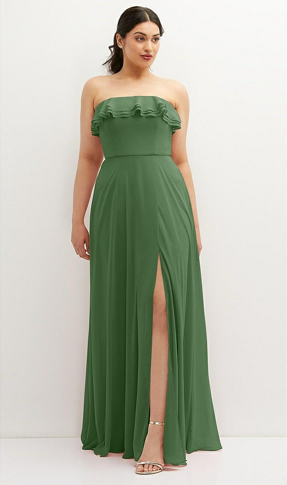 Front View - Vineyard Green Tiered Ruffle Neck Strapless Maxi Dress with Front Slit