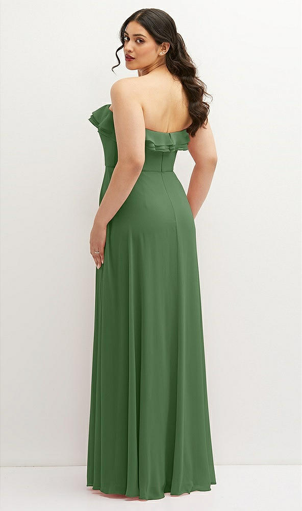 Back View - Vineyard Green Tiered Ruffle Neck Strapless Maxi Dress with Front Slit