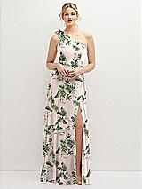 Front View Thumbnail - Palm Beach Print Handworked Flower Trimmed One-Shoulder Chiffon Maxi Dress