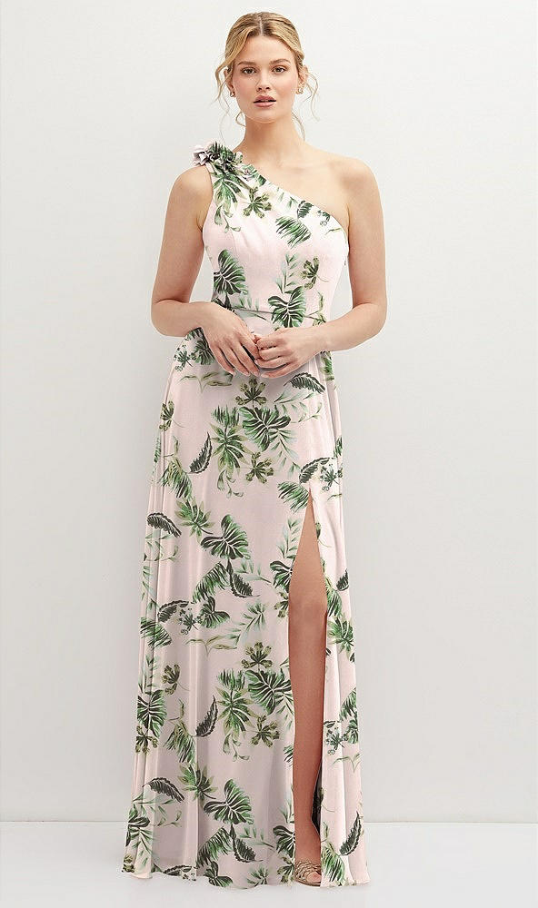 Front View - Palm Beach Print Handworked Flower Trimmed One-Shoulder Chiffon Maxi Dress