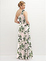 Rear View Thumbnail - Palm Beach Print Handworked Flower Trimmed One-Shoulder Chiffon Maxi Dress