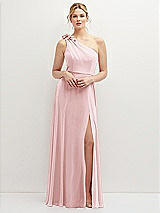 Front View Thumbnail - Ballet Pink Handworked Flower Trimmed One-Shoulder Chiffon Maxi Dress