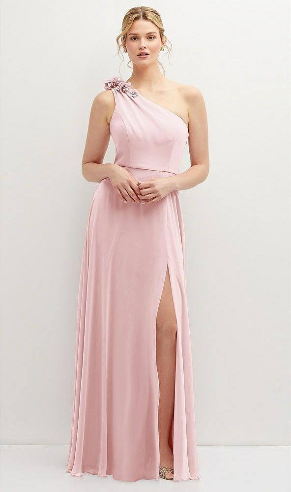 Front View - Ballet Pink Handworked Flower Trimmed One-Shoulder Chiffon Maxi Dress