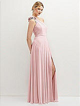 Side View Thumbnail - Ballet Pink Handworked Flower Trimmed One-Shoulder Chiffon Maxi Dress