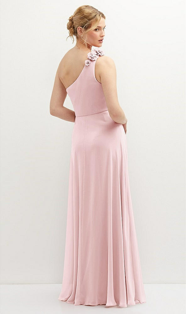 Back View - Ballet Pink Handworked Flower Trimmed One-Shoulder Chiffon Maxi Dress