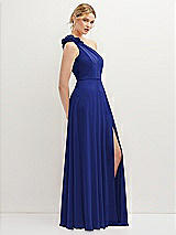 Side View Thumbnail - Cobalt Blue Handworked Flower Trimmed One-Shoulder Chiffon Maxi Dress
