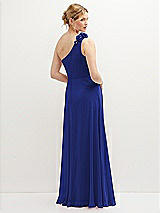Rear View Thumbnail - Cobalt Blue Handworked Flower Trimmed One-Shoulder Chiffon Maxi Dress