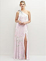 Front View Thumbnail - Watercolor Print Handworked Flower Trimmed One-Shoulder Chiffon Maxi Dress