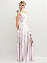 Side View Thumbnail - Watercolor Print Handworked Flower Trimmed One-Shoulder Chiffon Maxi Dress