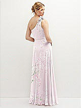 Rear View Thumbnail - Watercolor Print Handworked Flower Trimmed One-Shoulder Chiffon Maxi Dress