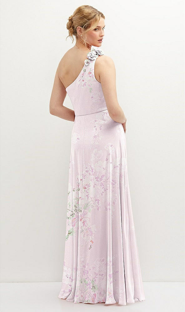 Back View - Watercolor Print Handworked Flower Trimmed One-Shoulder Chiffon Maxi Dress
