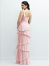 Rear View Thumbnail - Ballet Pink Asymmetrical Tiered Ruffle Chiffon Maxi Dress with Square Neckline