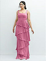 Front View Thumbnail - Orchid Pink Asymmetrical Tiered Ruffle Chiffon Maxi Dress with Square Neckline