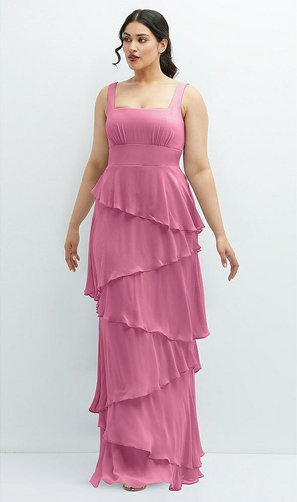 Front View - Orchid Pink Asymmetrical Tiered Ruffle Chiffon Maxi Dress with Square Neckline