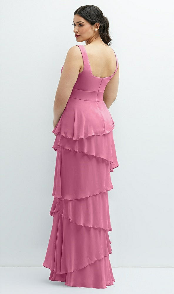 Back View - Orchid Pink Asymmetrical Tiered Ruffle Chiffon Maxi Dress with Square Neckline