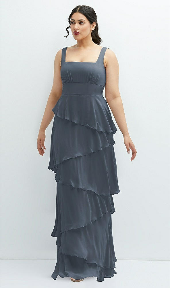 Front View - Silverstone Asymmetrical Tiered Ruffle Chiffon Maxi Dress with Square Neckline