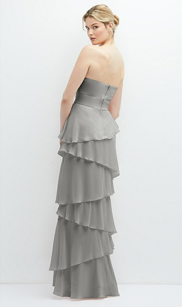 Back View - Chelsea Gray Strapless Asymmetrical Tiered Ruffle Chiffon Maxi Dress