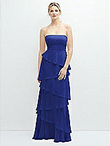 Front View Thumbnail - Cobalt Blue Strapless Asymmetrical Tiered Ruffle Chiffon Maxi Dress