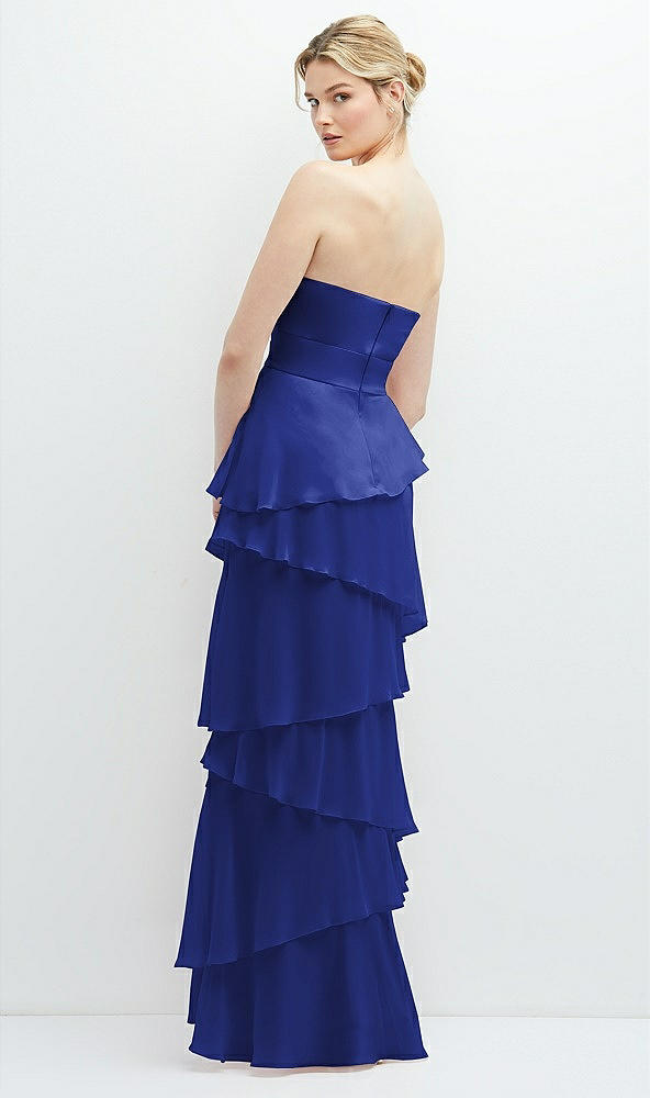 Back View - Cobalt Blue Strapless Asymmetrical Tiered Ruffle Chiffon Maxi Dress