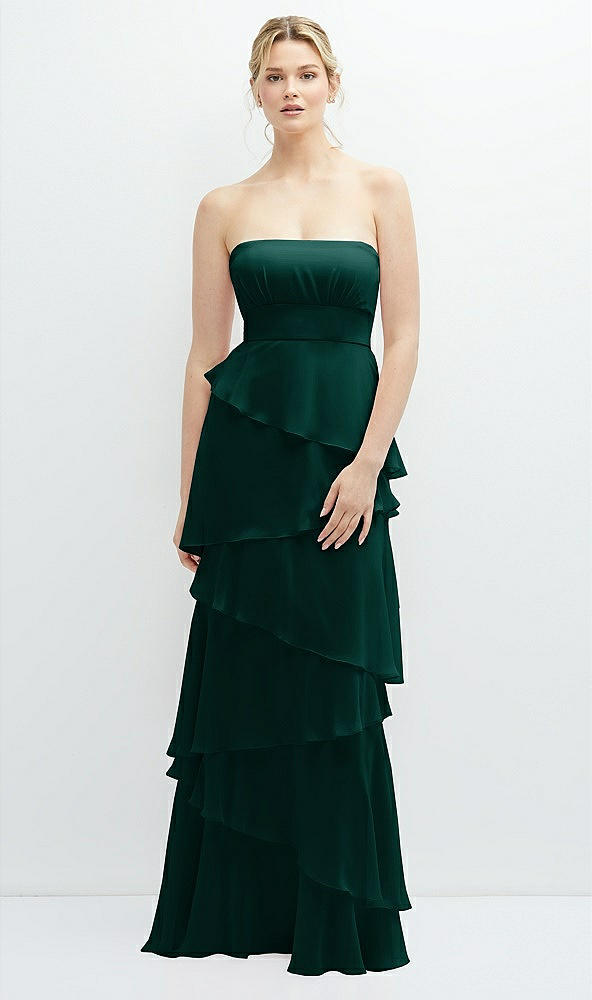 Front View - Evergreen Strapless Asymmetrical Tiered Ruffle Chiffon Maxi Dress