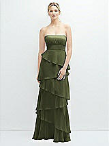 Front View Thumbnail - Olive Green Strapless Asymmetrical Tiered Ruffle Chiffon Maxi Dress