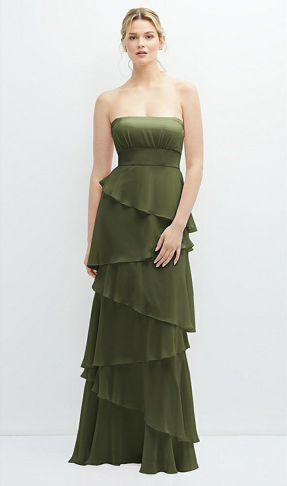 Front View - Olive Green Strapless Asymmetrical Tiered Ruffle Chiffon Maxi Dress