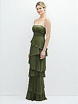 Side View Thumbnail - Olive Green Strapless Asymmetrical Tiered Ruffle Chiffon Maxi Dress