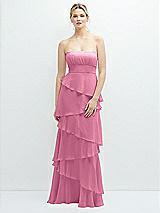 Front View Thumbnail - Orchid Pink Strapless Asymmetrical Tiered Ruffle Chiffon Maxi Dress