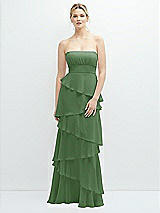 Front View Thumbnail - Vineyard Green Strapless Asymmetrical Tiered Ruffle Chiffon Maxi Dress